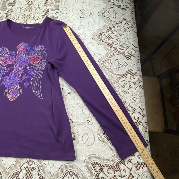 Croft & Barrow Women's T-Shirt L Angel Wings Rhinestones Purple Long Sleeve Pima - Picture 11 of 12